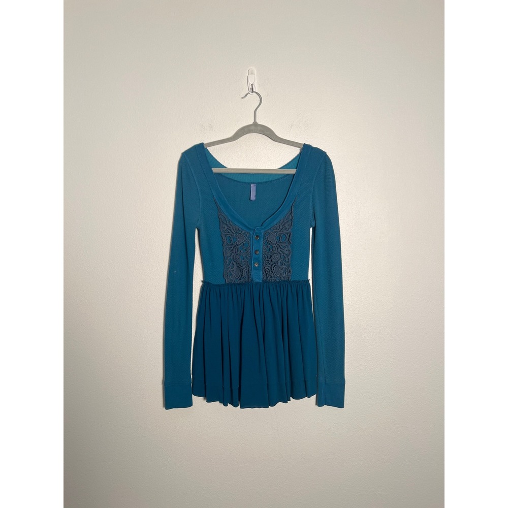 Free People Teal Babydoll Thermal Henley Waffle Knit Top M Bella Swan Whimsigoth